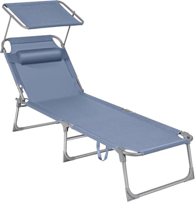 FurnStar - Ligstoel - Hoofdsteun, Zonnedak, Verstelbare Rugleuning, Opvouwbaar - 53 x 193 x 29,5 cm - Draagvermogen tot 150 kg - Voor Tuin, Balkon – Blauw