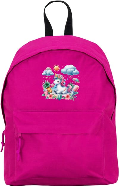 Donker Roze rugzak met Full Color Te Schattige Prachtige Grote Eenhoorn met Ijsjes, Parasol, Zonnetje, Regenboog en glas Limonade