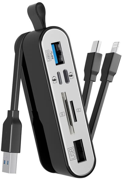 6 IN 1 - 8-Pin + USB-C + USB 3.0 naar USB 3.0 + 8-Pin + USB-C + SD + Micro-SD (tf) kaartlezer adapter kabel - geschikt voor o.a. iPhone en laptop - multifunctioneel - zwart