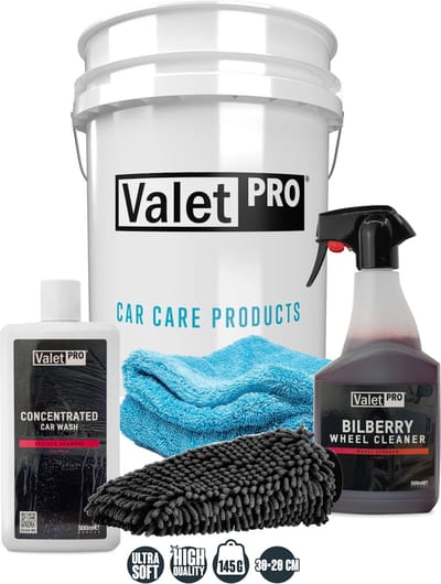 ValetPro Wash & Wheels Voodeel set bestaande uit; Grit Guard emmrer 20Ltr, Concentrated Car Wash 500 ml, Bilberry Velgenreiniger 500 ml, Cenille WashMitt, Drooghdoek 40x60 Blauw 1400 GSM!