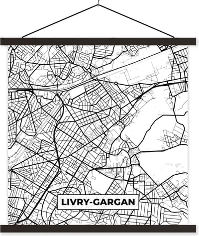 Posterhanger incl. Poster 60x60 cm - Schoolplaat - Frankrijk - Livry-Gargan - Kaart - Plattegrond - Stadskaart - Zwart wit - Textielposter - Zwarte latten - Stadskaart