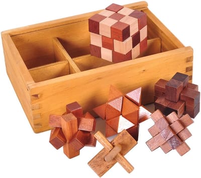 Houten Puzzel Set - Denksport Spelletjes - Logisch Denken Oefenen - Vier Unieke Ontwerpen - 8x8cm