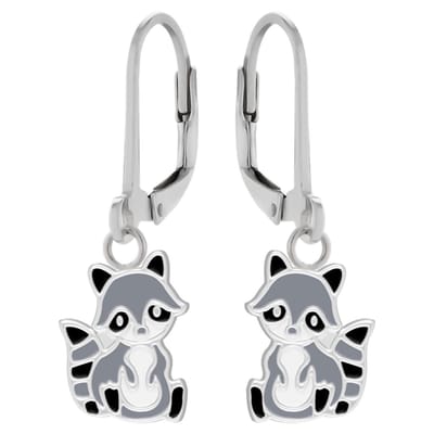 WeLoveSilver - zilveren kinder oorhangers - grijze wasbeer design