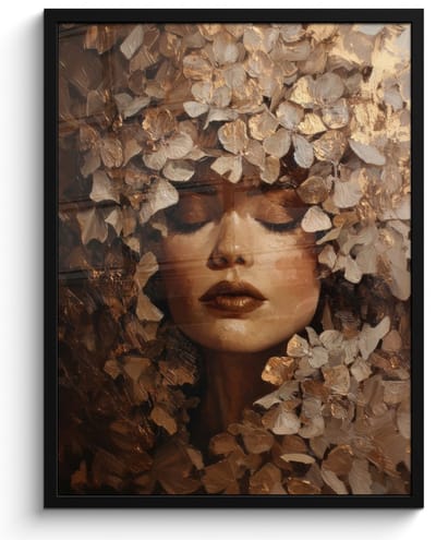 Poster in lijst - Fotolijst 60x80 cm - Posters - Gezicht - Vrouwe - Bladeren - Penseelstreken - Posterlijst zwart - Decoratie - Wanddecoratie woonkamer - Muurdecoratie slaapkamer