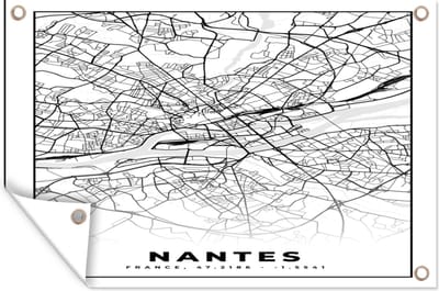 Muurdecoratie Stadskaart - Plattegrond - Nantes - Kaart - Frankrijk - Zwart wit - 180x120 cm - Tuinposter - Tuindoek