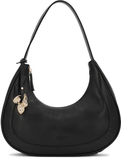Black crescent shaped handbag with decorative key ring