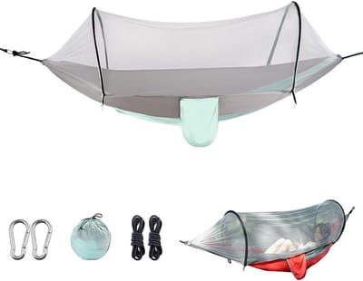 Kampeerhangmat – Met klamboe – Essentiële draagbare hangmat voor op de camping – Draagvermogen tot 450 lbs – Lichtgewicht nylon materiaal – Ideaal voor kamperen, wandelen en backpacken – 260 x 140 cm – Lichtgroen