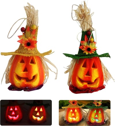 Herfst Decoratie-Sfeerlamp - Lampen - 2 Stuks Pompoenlantaarn Van Halloween - Schuim - PompoenKnipperlicht - Lantaarn - Decoratie - Spookhuis - Decoratieve Accessoires - Tuindecoratie - Feestaccessoires