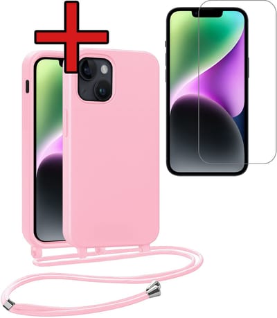 Hoesje Geschikt voor iPhone 13 Mini Hoesje Siliconen Case Met Koord Met Screenprotector - Hoes Geschikt voor iPhone 13 Mini Hoesje Backcover Met Telefoonkoord - Lichtroze