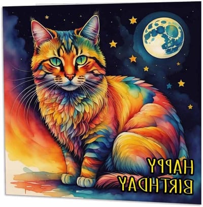Verjaardagskaart Kat - Artistieke Kaart - Verjaardag Vieren - Waterverf Design - 145 x 145 mm - Wit