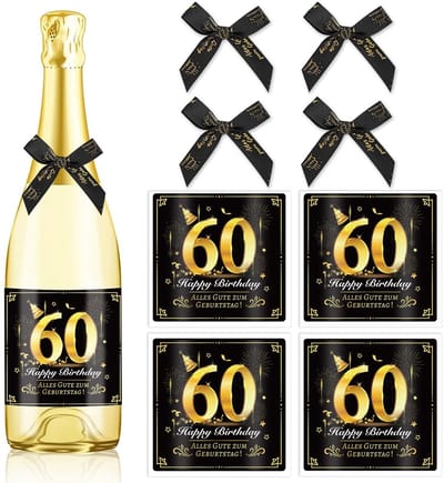 Dailygoods- Flessenetiketten 60e Verjaardag - Zelfklevend - Happy Birthday - Tafeldecoratie - 4 Stuks - Zwart Goud - Cadeauetiketten
