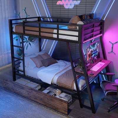 DESMIU Hoogslaper 90 x 200 cm - Hoogslaper Met Bureau En Ledverlichting - Opberglades En Trap - Voor Jeugd En Studiekamer - Metaal En MDF - Zwart - Zonder Matras