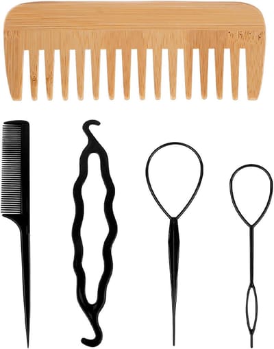Houten Kam Set - Krullen Kam Haarspeld - Haar Styling - Antistatisch Natuurlijk Hout - 14 x 5 cm - Houtkleur