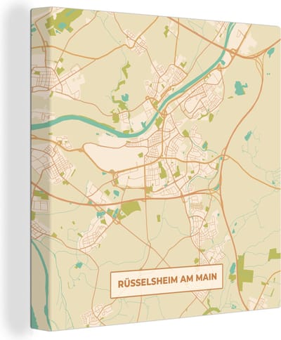 Canvas Schilderij Plattegrond - Rüsselsheim am Main - Kaart - Vintage - Stadskaart - 20x20 cm - Wanddecoratie