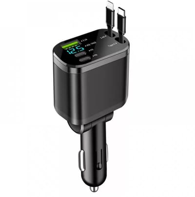 5-in-1 Uittrekbaar Autolader – USB-C, USB-A & Lightning – Snelladen – Voor iPhone & Android – Auto Kabel Organizer