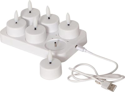 Star Trading theelichtset Flame Charge, 6 theelichtjes, wit, USB-kabel, oplaadplaatje, warm wit