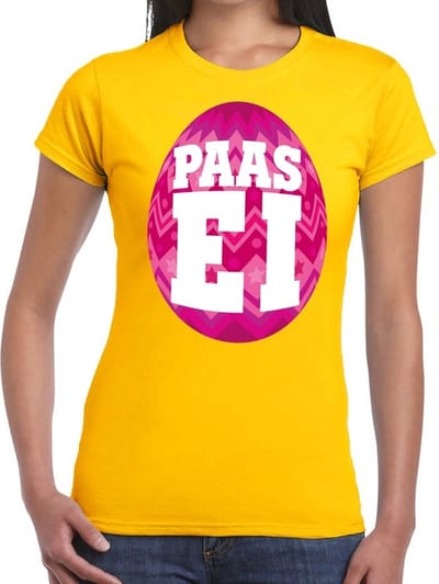 Geel Paas t-shirt met roze paasei - Pasen shirt voor dames - Pasen kleding S