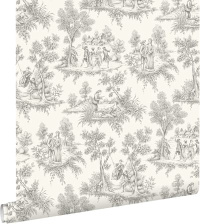 ESTAhome behang toile de jouy print grijs - 50 x 900 cm - 132092