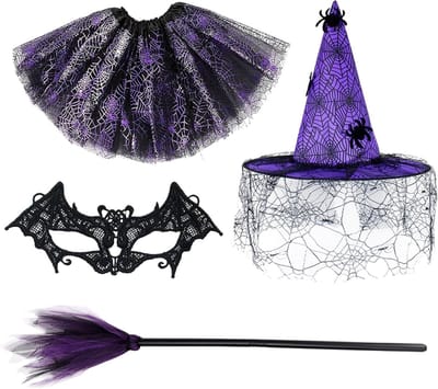 Betoverende Heks Kostuum Set - Halloween Outfit met Hoed, Masker, Korte Rok en Accessoires - Uniek Ontwerp, Universele Maat, Lila Kleur voor Feestjes en Verkleedpartijen