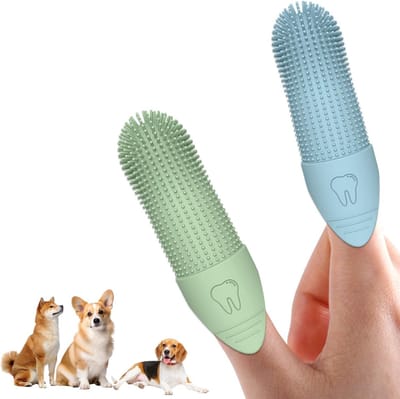 Honden- en katten-tandenborstels voor effectieve gebitsverzorging, vingerborstels voor kleine, middelgrote en grote huisdieren (Blauw + Groen)