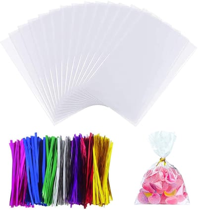 Dailygoods - Cellofaanzakjes 50 stuks met 50 stuks mixkleuren twistbinders, doorzichtige cellofaanzakjes doorzichtige zoete zakjes voor snoepverpakkingen (6,7x4,7in)