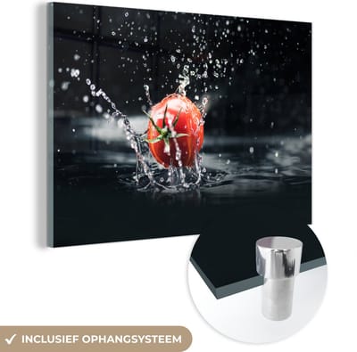 MuchoWow® Glasschilderij 150x100 cm - Schilderij acrylglas - Tomaat - Groente - Stilleven - Water - Rood - Foto op glas - Schilderijen