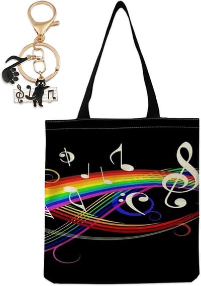 Herbruikbare Katoenen Tas met Muziekpatroon, Noten en Muziekinstrumenten, 38 x 40 cm met Sleutelhanger van Muzieknoot Kat