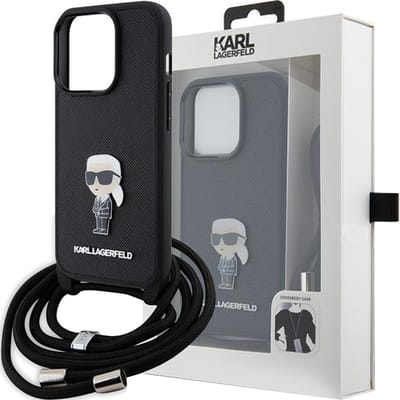Karl Lagerfeld Crossbody Saffiano Metal Pin Karl & Choupette case for iPhone 15 Plus - black
