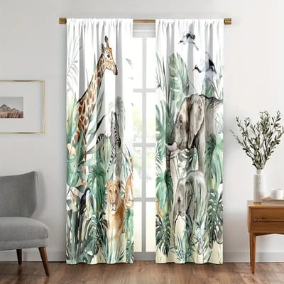 2 stuks Schattige Giraffe Gordijnen voor Slaapkamer Woonkamer Kinderen Zoo Dieren Gordijnen Cartoon Dieren Draperieën Decor Olifant Bloemenblad Gre 150x166cm gray