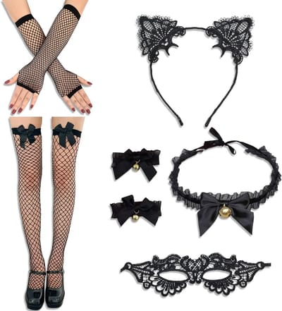 Dames Kattenkostuum Set met Oren, Masker, Ketting, Kanten Handschoenen en Visnet Kousen voor Halloween en Carnaval Feestjes