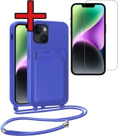 Hoesje Geschikt voor iPhone 13 Hoesje Met Telefoonkoord en Pasjeshouder Met Screenprotector Siliconen - Hoes Geschikt voor iPhone 13 Hoesje Met Kaarthouder Case - Felblauw