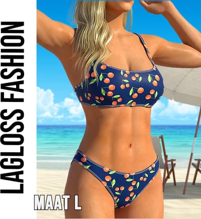 LaGloss® Dames Kersenprint Bikini Set – 2-Delig – Hoogelastisch & Sneldrogend – Zomerse Strandkleding voor Vakantie & Zwembad – Maat L