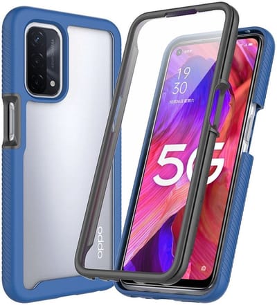 Oppo A54 5G/A74 5G Hoesje | Met ingebouwde screenprotector | Full Protect valbescherming | Doorzichtig / Blauw