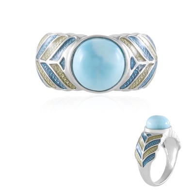 Cavill - Zilveren ring - 925 Sterling zilver geplatineerd - Larimar 1.8 ct ronde cabochon - Elegante Caribische stijl ring - Handgemaakt 24x19 mm