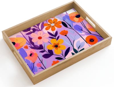 Dienblad hout 40x30 cm - Schootdienblad - Bloemen - Kleurrijk - Bladeren - Borrelplank rechthoek - Plateau dienbladen