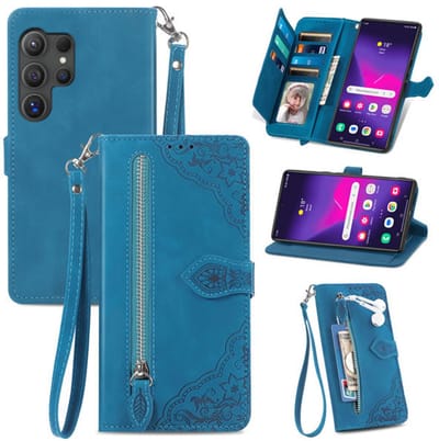 YPCd Portemonnee Bookcase Hoesje Geschikt voor Samsung Galaxy S24 Ultra – PU Leren Wallet Flip Cover met Ritssluiting – Pasjesvakken & Polsbandje – Standfunctie – Bloemen – Blauw