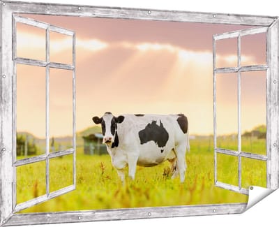 Gards Tuinposter Doorkijk Zwart Wit Koe in de Wei bij Zonsopkomst - 180x120 cm - Tuindoek - Tuindecoratie - Wanddecoratie buiten - Tuinschilderij