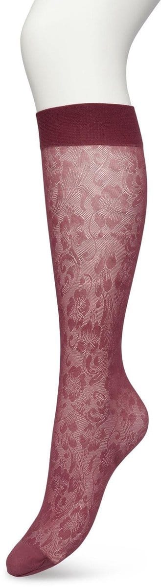 Bonnie Doon Dames Bloemen Panty Kniekousen Donker Paars/Rood maat 36/42 - Knie Kousen 20 denier - Gebloemd - Bloemen Print - Uitstekend draagcomfort - Fancy Flower Knee High - Kniesokken - Zakt niet af - OEKO-TEX - Crushed Violets - BP221803.192