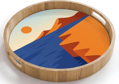 Dienblad rond 40x40 cm - Schootdienblad hout - Landschap - Bergen - Zon - Zee - Borrelplank rechthoek - Plateau houten dienbladen