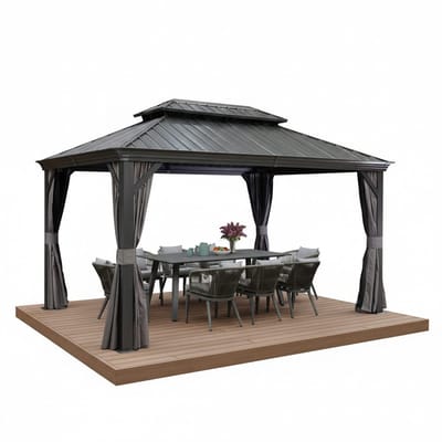PURPLE LEAF Hardtop Aluminium Tuinpaviljoen – Dubbel dak – Hoogwaardige Gordijnen – Wind- en weerbestendig – Luxueus Grijs