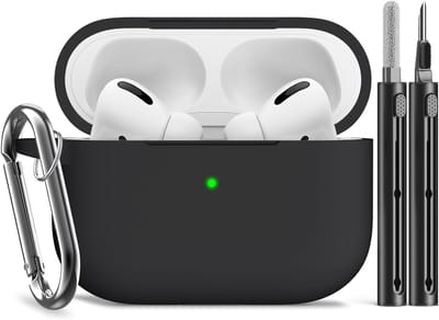 Siliconen beschermhoes voor AirPods Pro 1e en 2e generatie met sleutelhanger en reinigingspen, zwart, schokbestendig en krasbestendig