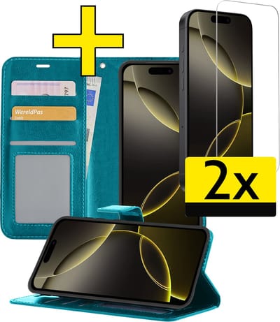 Hoesje - Met 2x Screenprotector - Geschikt voor Apple iPhone 16 Pro - Luxe Pasjeshouder - Bookcase Portemonee - Flip Case - Kunstleer Book Case - Flipcase Hoes - Book Cover - Walletcase - Portemonneehoes - Telefoonhoesjes - Turquoise