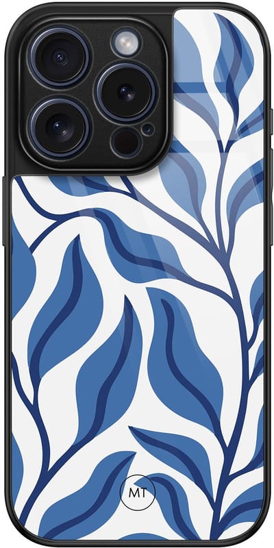 Hoesje geschikt voor iPhone 15 Pro - Blue leaves - Luxe Hard Case - Print - Blauw - Mooie Telefoonhoesjes