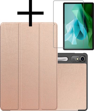 Hoes - Geschikt voor Lenovo Tab P12 - Met Screenprotector - Trifold Bookcase - Hard Cover Case - Met Uitsparing Geschikt voor Lenovo Pen - Hardcover Book - Tablet Hoesje - Rosé goud