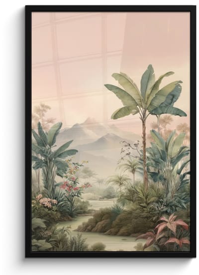 Poster in lijst - Fotolijst 60x90 cm - Posters - Tropisch landschap - palmbomen - Bloemen - Roze lucht - Posterlijst zwart - Decoratie - Wanddecoratie woonkamer - Muurdecoratie slaapkamer