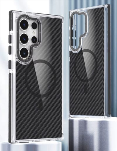 Magsafe Hoesje Geschikt voor Samsung S25 Plus / S24 Plus hoesje Zwart Heavy Duty Carbon Case met Versterkte Zijkanten, MagSafe en Camera Kickstand