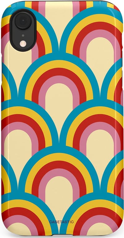 Casetastic hoesje geschikt voor Apple iPhone XR - Dubbellaagse bescherming - Retro regenboog - Fashion Case - Lichtblauw Crème Goud Rood
