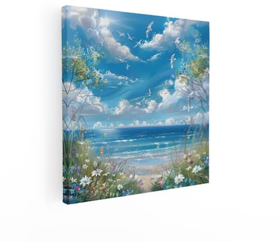 Artaza Canvas Schilderij Zee - 90x90 cm - Wanddecoratie Strand - Muurdecoratie Vogels - Decoratie Bloemen - Schilderijen Op Canvas Natuur
