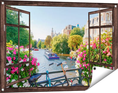 Gards Tuinposter Doorkijk Amsterdamse Kanaal met Bloemen - 90x60 cm - Tuindoek - Tuindecoratie - Wanddecoratie buiten - Tuinschilderij