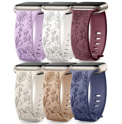 Gemengde kleur horlogebandjes 42mm (serie 1 / 2 / 3) / 44 mm / 45 mm / 46 mm (serie 10 / 11) / 49 mm (Ultra / Ultra 2) geschikt voor Apple Watch dames met bloemen gravure, siliconen smartwatch bandjes set van 6 vervangende horloge bandjes met gesp
